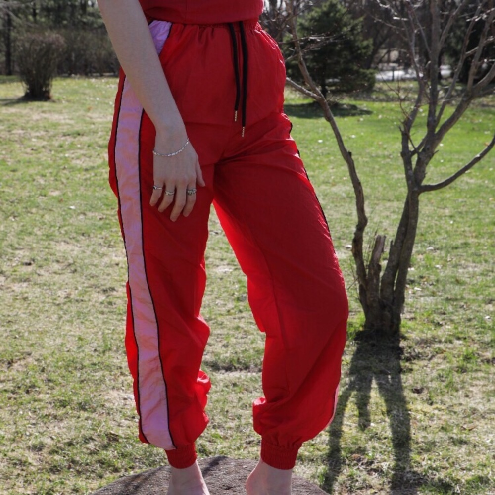 red and pink trendy parachute pants